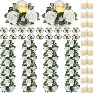 Yunlly 20 Pcs Rose Candle Rings with Flameless Candles Sets, Artificial Flower Eucalyptus Wedding Centerpiece 3 Inch Pillar Candleholders Wreaths for Wedding Party Mother's Day (White)