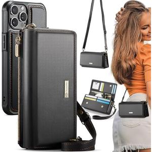 CaseMe 2-in-1 Detachable for iPhone 16 Pro Crossbody Wallet Case with RFID Blocking 10-Card Holder for Woman, PU Leather Wrist Strap Zipper Purse Wallet Phone Case for iPhone 16 Pro 6.3", Black