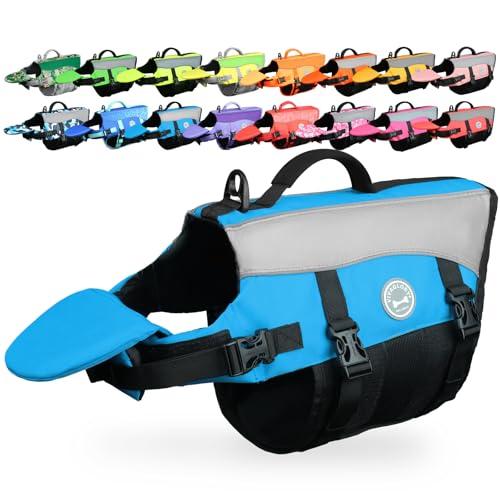 VIVAGLORY Front Float Dog Life Vest, Dog Life Jacket for Swimming & Boating, Swimming Vest with Chin Float & Handle, Ripstop & Buoyancy for Puppy Doggy, M, Blue