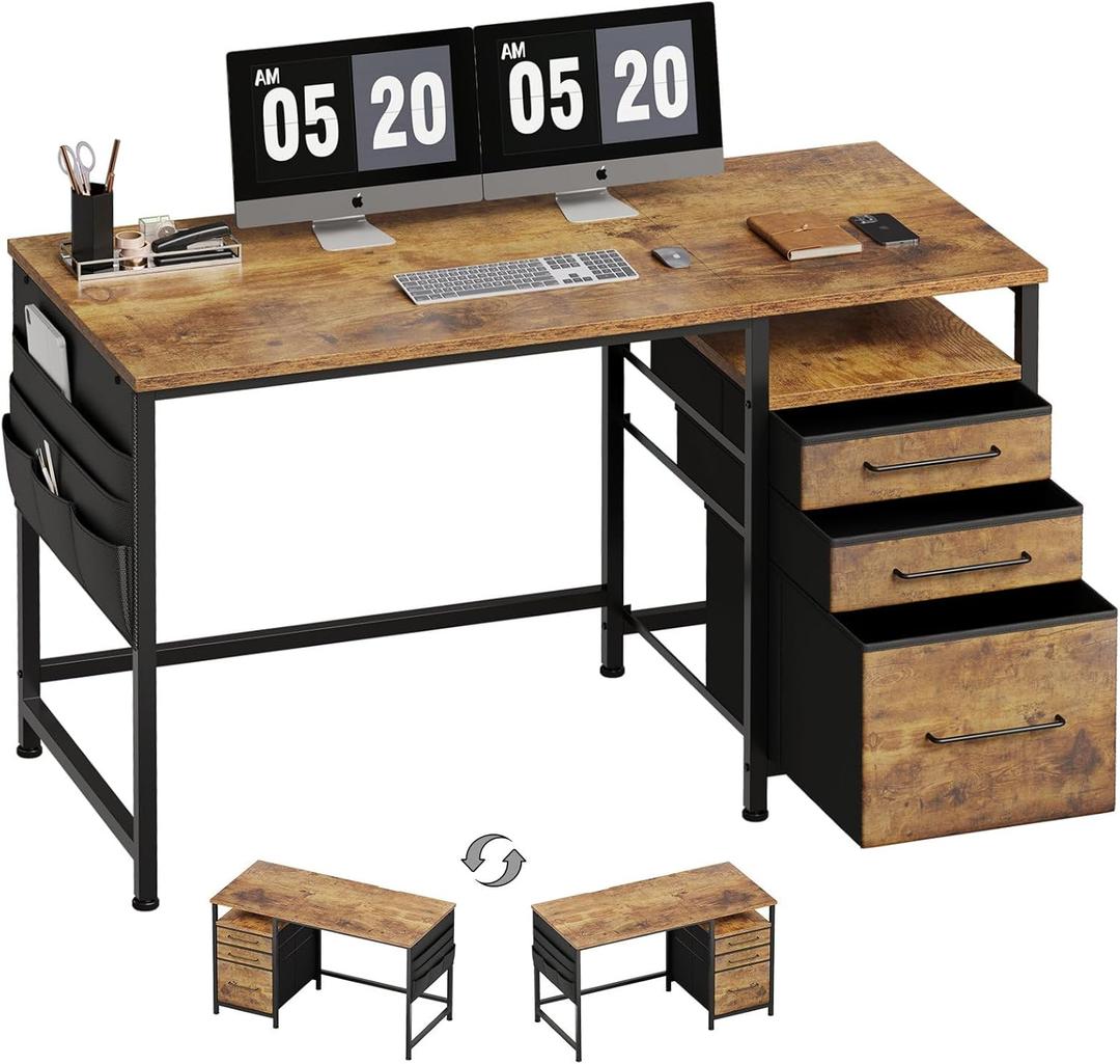 Maihail Computer Desk with Drawers, 47 inch Desk with 2 Drawers and Shelves, Office Desk with Storage, Desk with Storage Bag, Home Office desks with Drawers, Metal Frame for PC Laptop, Rustic Brown2
