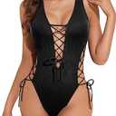 Tempt Me Women Sexy Lace Up One Piece Swimsuit Deep Plunge V Neck High Cut Bathing Suits XXL