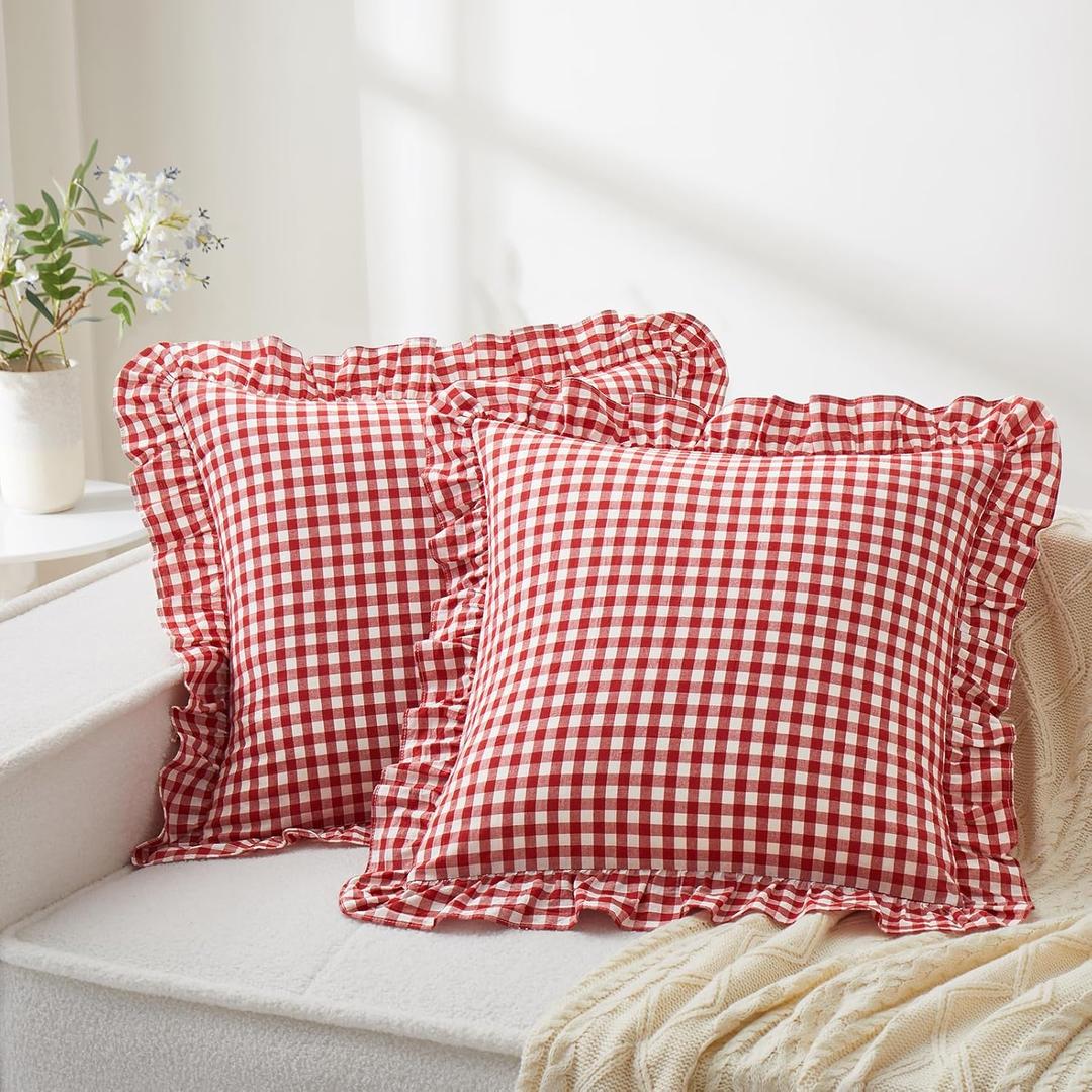 KKJIAF Ruffle Gingham Pillow Covers 20 x 20 Inches, Cotton Plaid Throw Pillow Shams Set of 2, Linen Feel Ruffled Plaid Pillow Cases with Envelope Closure for Sofa Bed (Red)