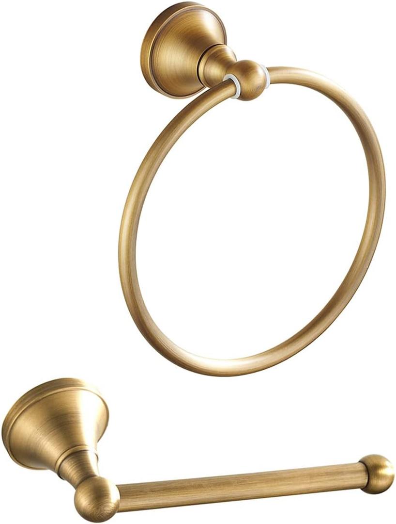 Leyden Antique Brass Toilet Paper Holder Towel Ring, Brass Hand Towel Holder Bathroom Accessories Set Retro Bathroom Hardware Tissue Toilet Roll Holder for Home or Kitchen, 2 Pieces