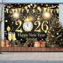 Black Gold Happy New Year 2026 Backdrop Banner 8x6ft Fireworks Clock Champagne Banner Golden Party Decoration Photography Background for Indoor Outdoor Celebration