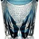 Edo Kiriko Whiskey Glass  Elegant Japanese Style Deep Blue Glass with Chrysanthemum & Flame Motif, Hand-Cut Spirits Tumbler for Whiskey & Cocktails