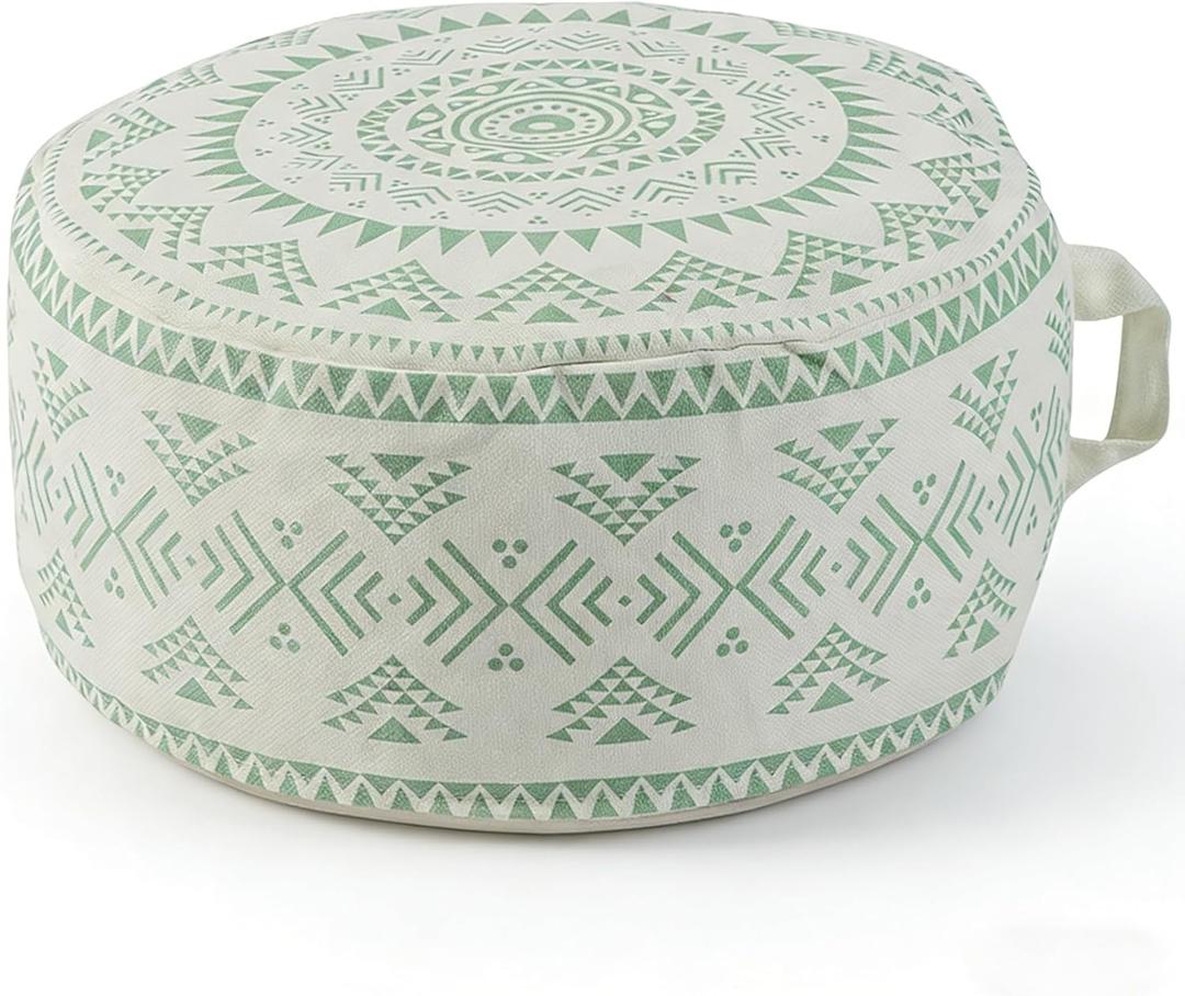 MOCOFO Unstuffed Round Pouf Covers Boho Colorful Geometric Ottoman Pouf Cover with Handle Design,Decoration Footstool for Living Room,Bedroom,Patio (Light Green,18x18x8)