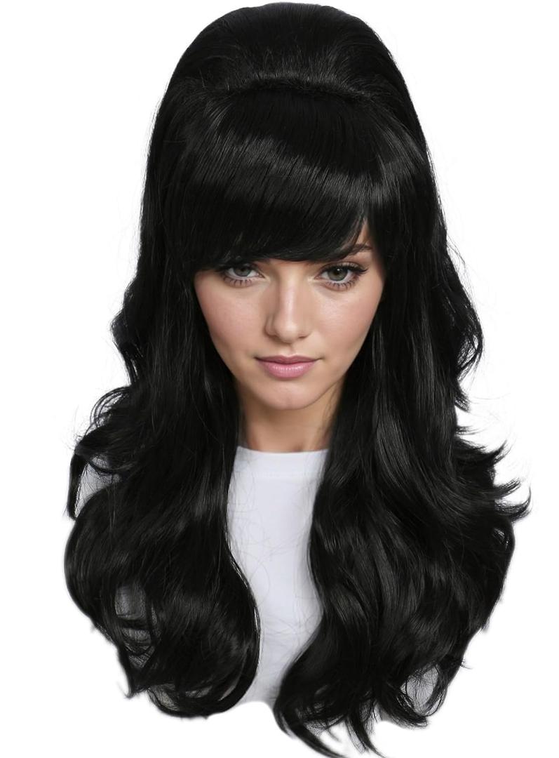 Linfairy Long Wavy Black Wig Big Bouffant Beehive Wigs for Women fits 50s 80s Costume, Black