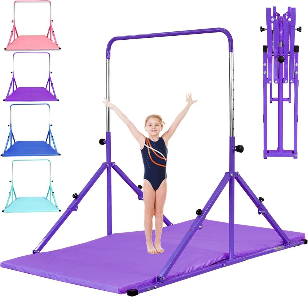 MARFULA Foldable Gymnastic Bar for Kids Ages 3-12, 9 Height Levels, 200 lbs Weight Capacity, 5 Ft Length Gymnastic Kip Bar with Mat, Gymnastic Equipment for Home and Gym Center Indoor Outdoor Use