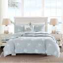 4 Piece Chic Grey Blue White King/Cal King Coverlet Set, Beach Themed Bedding Seashell Starfish Stylish Trendy Modern Pretty Nautical Beach Seaside Coastal Cute Coral, Cotton