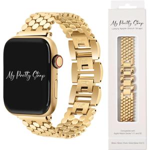 My Pretty Strap - Compatible Apple Watch Band Strap, Stainless Steel Fashion iWatch Replacement Strap- Easy Resizing, No Tool Needed, Fits Most Wrists- Series 1-11, SE and Ultra (Honeycomb Gold)