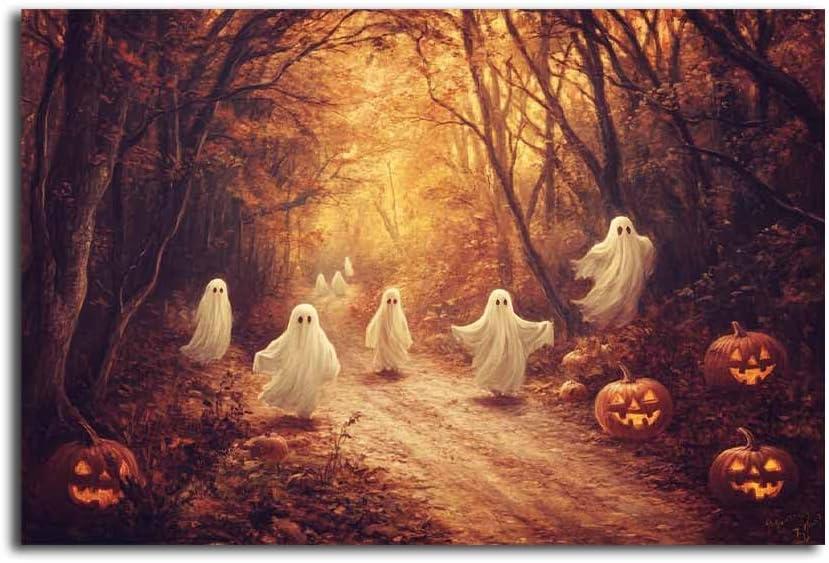 MNFGMH Moody Ghost Canvas Painting Autumn Vintage Wall Art Halloween Decor Spooky Fall Art Ghosts in the Forest Picture Cottage Halloween Decor Canvas Roll 16x24 inch (Color10-Unframed)
