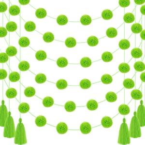 Jecery 12 Pcs 59 ft St. Patrick's Day Garland Pom Pom Tassel Decor, Lime Green Decoration, Spring Green Boho Hanging Garland for Birthday Party Mantle Tree Home Indoor Outdoor Decor