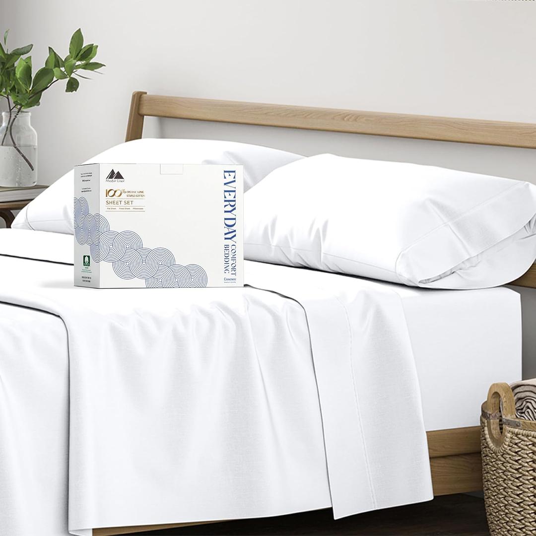 Mayfair Linen 100% Organic Cotton Percale Sheets Full Size - White, 4 Piece Set, Soft & Crisp, Cooling, 16" Deep Pocket Hotel Sheets