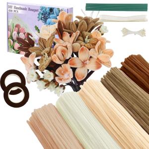 400 Pcs Pipe Cleaners Craft,5 Assorted Colors Pipe Cleaners Bulk, Chenille Stems for DIY Flower Making Kit with Floral Wires, Gardening Tape, Stamen& Ribbon (Brown)