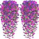 TOCHGREEN Artificial Fake Hanging Flowers Plants for Outdoor Decoration 2PCS Faux Silk Morning Glory Flowers UV Resistant Hanging Plants for Home Porch Patio Garden Decor (Purple Fuchsia, 2PCS)
