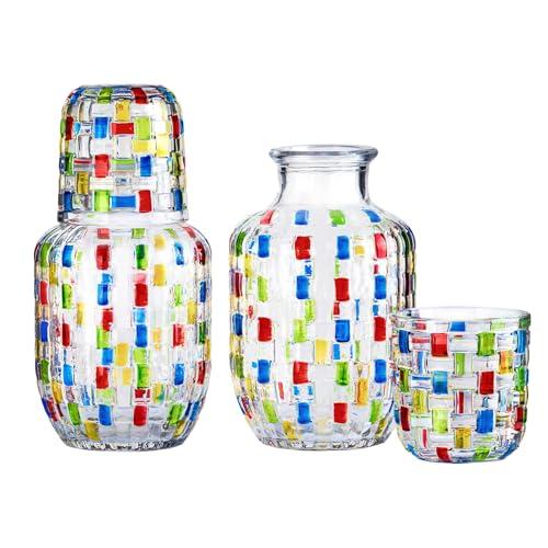 KFOSO Bedside Carafe and Glass Pitcher Set of 3 Gifts for Women, Hand-Painted 16oz Glass Pitcher with Cup Lid -Christmas Gifts, Wedding & Bridal Shower Gift, Birthday Gift