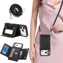 for iPhone 17 Pro Max Case with Card Holder and Strap for Women,Crossbody Lanyard, Make Up Mirror,Snap Clasp,Cute Phone Wallet Cases 6.9 inch - Black