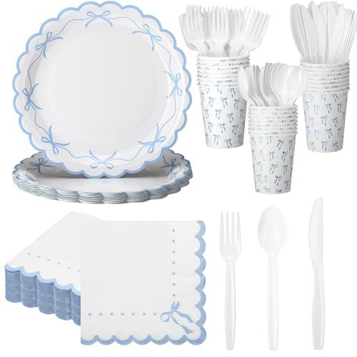 Sieral 102 Blue Scalloped Bow Party Supplies Coquette Cute Party Supplies Bachelorette Tableware Set Bow Paper Plates Napkins Cups for Girl Boy Baby Shower Wedding Birthday Decoration