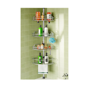 HAMITOR Corner Shower Caddy Tension Pole: 4-Tier Rust-Resistant Adjustable Bathroom Organizer Shelves - 47-121 Inch No-Drill Quick Installation - Space-Saving Storage for Renters Family - Silver Gray