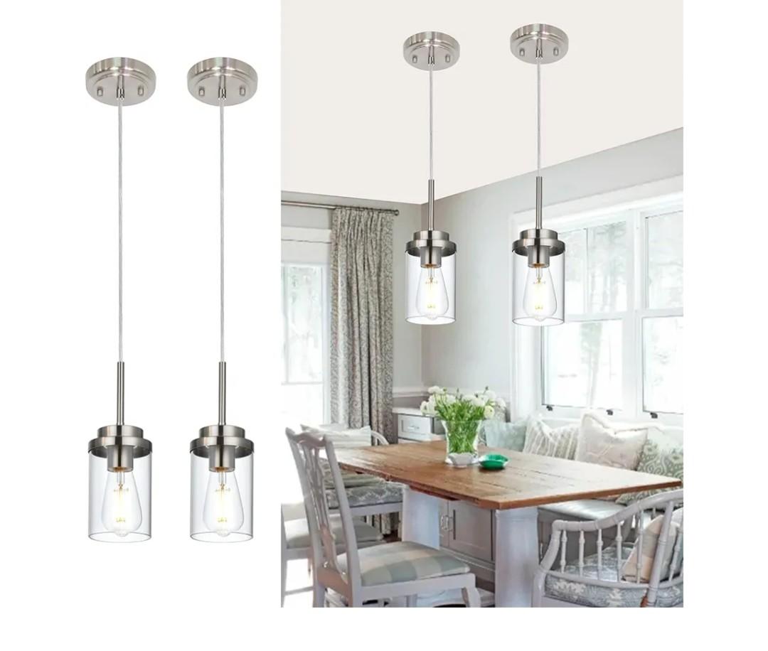 MELUCEE 2 Pack Pendant Lights Kitchen Island Brushed Nickel Adjustable Hanging Ceiling Lamp with Clear Glass Shade, Modern Glass Pendant Lights for Dining Table Hallway Living Room