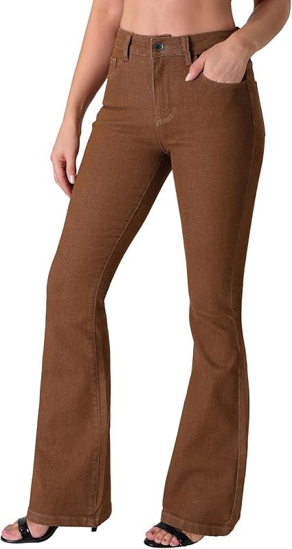 Women's Trendy Stretchy Flare Jeans Mid Rise Bootcut Curvy Denim Pants, Brown, Size S