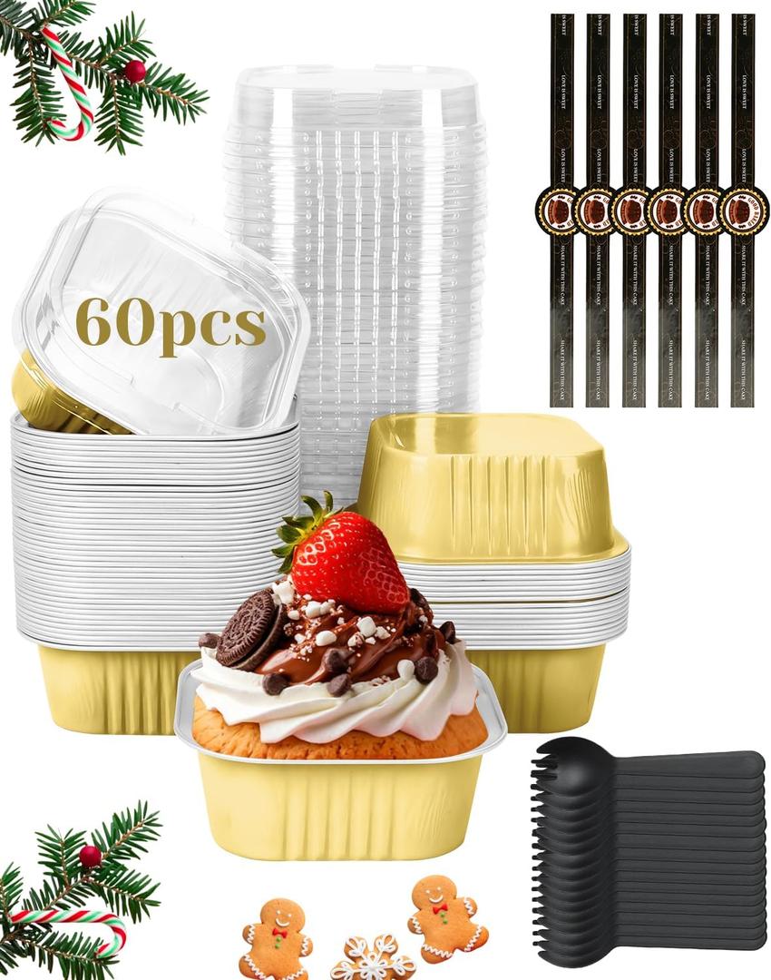 60 Pack 10oz Mini Cake Pans with Lids, Spoons, Stickers - Disposable Square Brownie Baking Cups - Individual Small Aluminum Foil Loaf Tins for Muffin, Ramekins, Cupcake - Catering, Gift, Gold