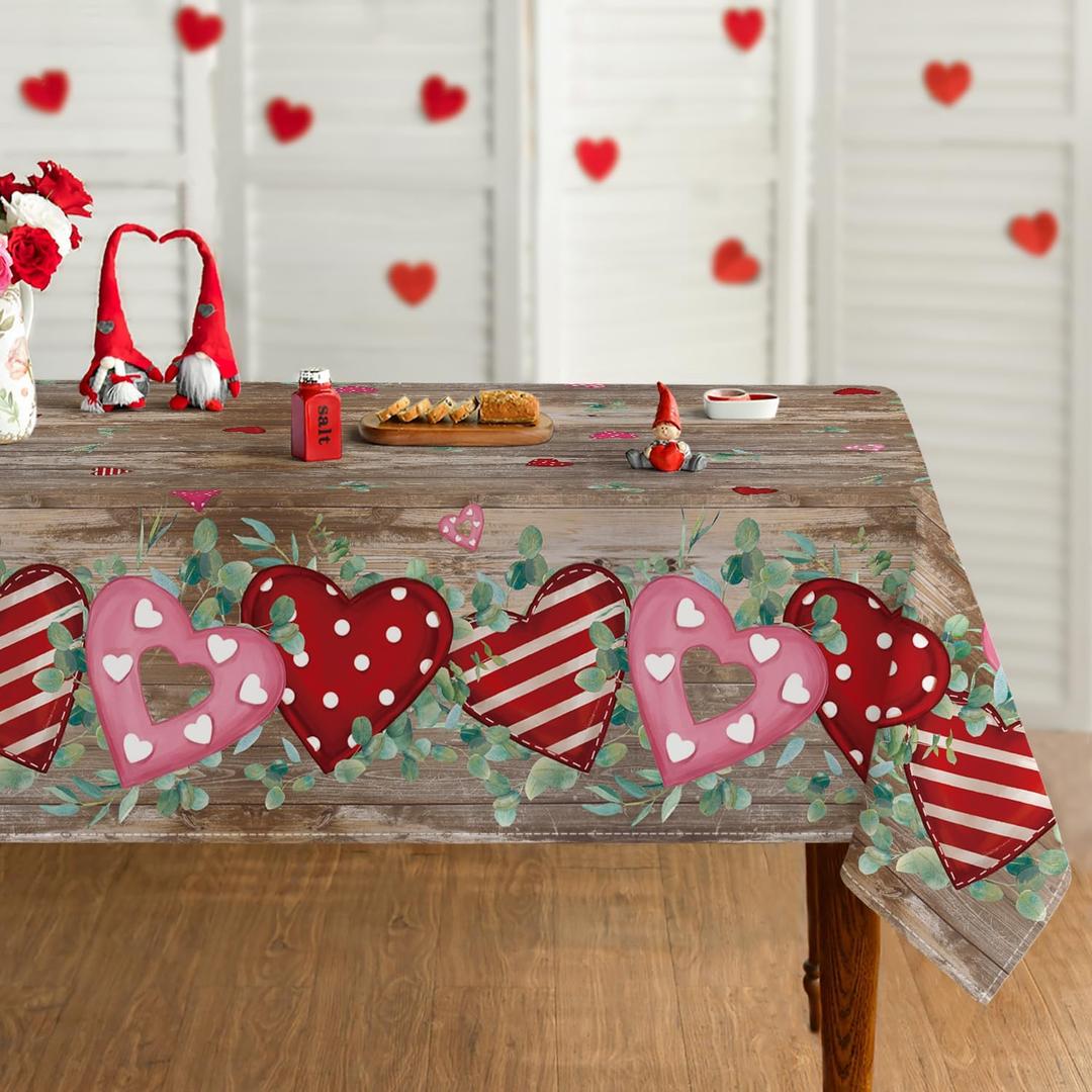 Horaldaily Valentine Tablecloth 5270 Inch Rectangular, Red Heart Eucalyptus Brown Wood Grain Washable Seasonal Table Cover for Party Picnic Dinner Decor