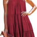 Aoysky Womens Summer Sleeveless Halter Ruffle Flowy Boho Dress Casual Loose Swing Pleated Tiered A-Line Beach Party Dress Wine M