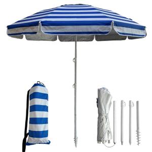 LOTTAFUN 6ft Beach Umbrella - Heavy Duty Wind Resistant UV 50+ Portable Sun Shade with Sand Anchor & Carry Bag, Outdoor Folding Umbrella for Beach, Pool, Patio, Garden (Blue strip) No Tilt, 72 Inches
