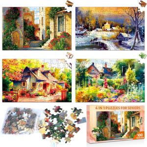 ZOiiWA 4 Pack 100 Pcs Dementia Puzzles for Elderly Country Life Dementia Alzheimers Products and Activities for Seniors Alzheimers Puzzles Memory Cognitive Games for Seniors Gift for Elderly Adults