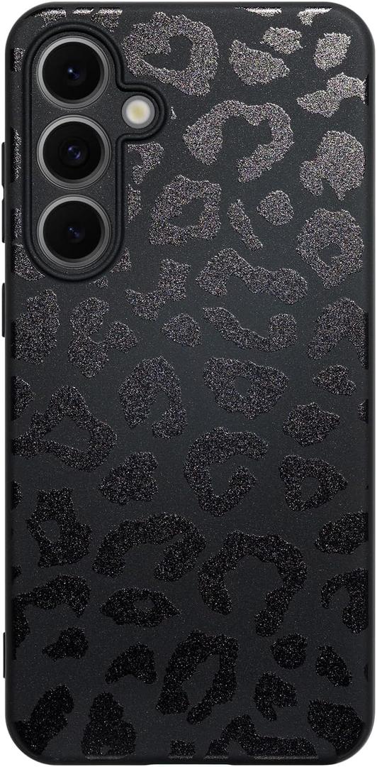 Cute Phone Case for Samsung Galaxy S24 FE, Leopard Girly Aesthetic Animals Art Pattern, Matte Finish Soft TPU Anti Fingerprint Shockproof Cases Cover for Girls Women, Black