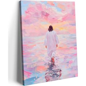 Framed Pink Jesus Walking On Water Wall Art Christian Canvas Prints 16x24in