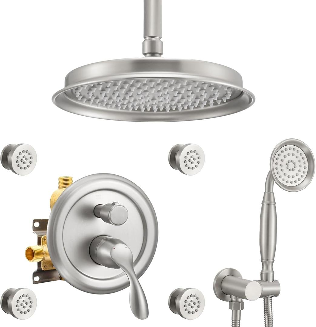 DASAN Antique Shower Faucet Sets Complete Rain Shower System in Wall with Body Shower Spray Jets, Brushed Nickel Shower Fixtures with Rainfall Overhead Shower, Handheld, Shower Valve &Trim, AT249C-BN