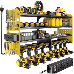Power Tool Organizer Wall Mount with Charging Station,4 Layer Heavy Duty Metal Storage Rack with 8 Cordless Drill Holder,Battery Utility Rack Gift for Garage workshops Room(Yellow)