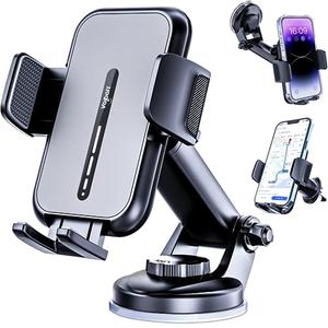 volport Cell Phone Mount for Car [Universal for iPhone Wallet & Thick Case] Military Suction Car Phone Holder for Dashboard & Windshield,  Missing Air Vent Clip, with Deep Wide Clamp for Big Heavy Cellphone