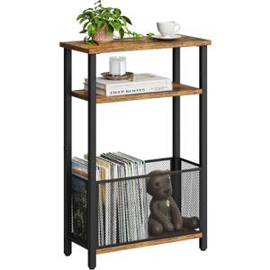 MMEOLUOOK Narrow Side Table with Storage Basket Skinny End Tables for Smalls Spaces 3 Tier Sofa Table Small Nightstand Slim Bedside Table for Living Room Bedroom Rustic Brown MLBZ22RB