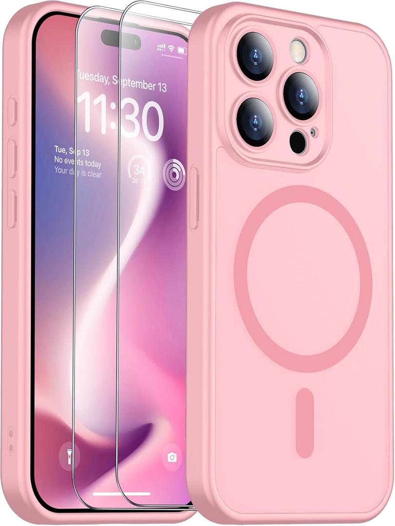 SPIDERCASE for iPhone 15 Pro Case, Magnetic Translucent Matte Case with 2PCS Tempered Glass Screen Protector Slim Phone Case for iPhone 15 Pro 6.1'', Pink