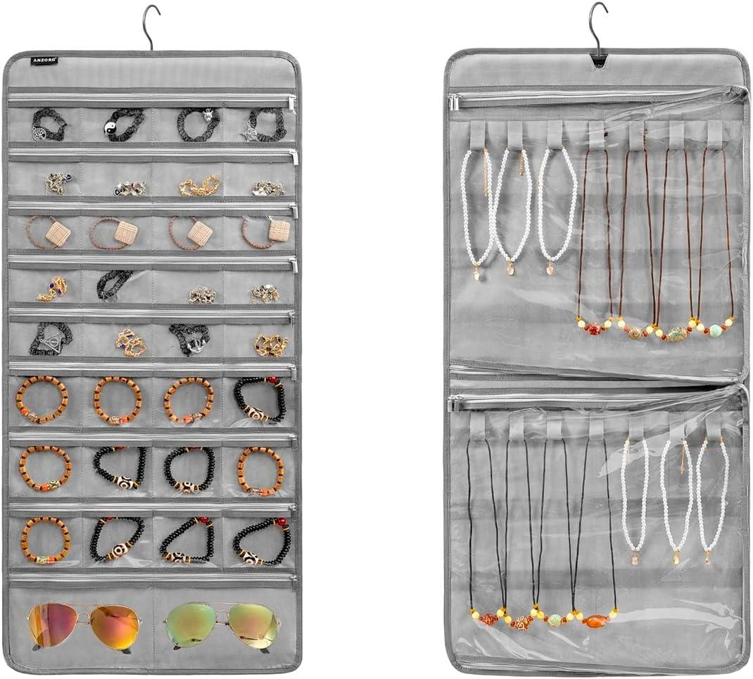 ANZORG Dual-sided Hanging Jewelry Organizer Necklace Holder Jewelries Storage with 34 Zippered Pockets and 14 Dustproof Hook Loops (GREY)