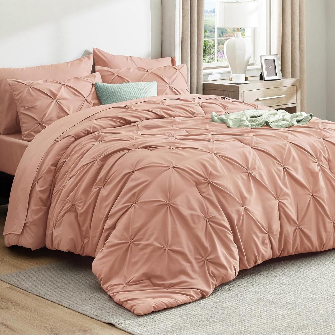 Bedsure King Size Comforter Set Dusty Pink - Bed in a Bag Bedding Set 7 Pieces, GentleSoft Pintuck Bed Set Gift for Family, Pinch Pleat Dusty Pink Comforter with Sheets, Pillowcases & Shams