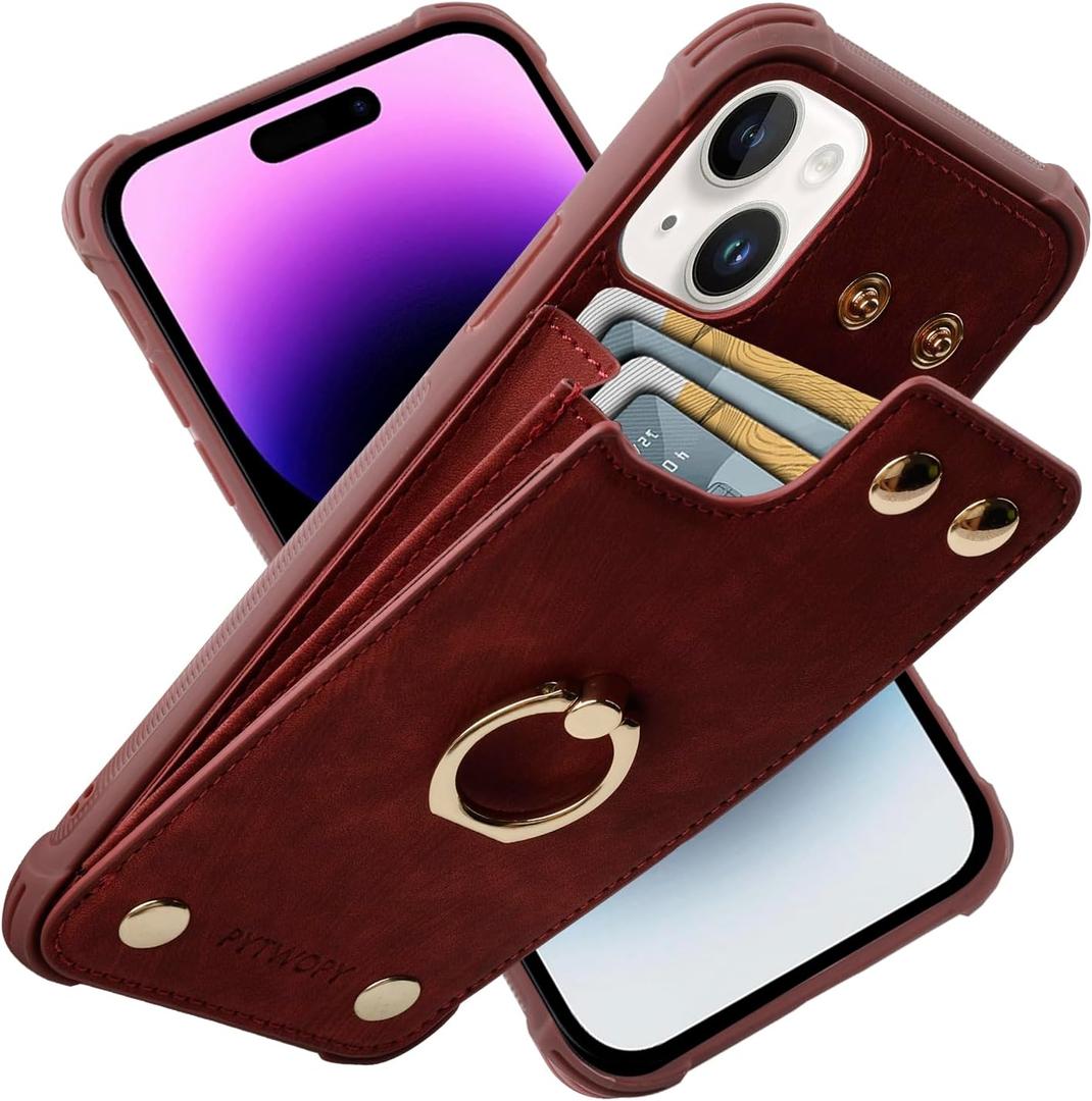 Wallet Case Compatible for iPhone 15 Plus/14 Plus with Credit Card Holder,Shockproof Protective Phone Cover 6.7 inch Supports 360Rotation Ring Stand and RFID Blocking,Burgundy