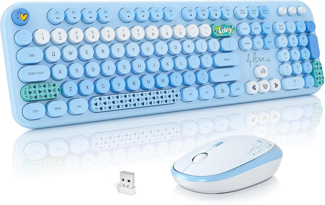 MOFII Wireless Keyboard and Mouse Combo, Cute Keyboard Full Size and Wireless Mouse, 2.4GHz Retro Typewriter Keyboard Mouse Set for PC/Desktop/Laptop/Windows (Blue Colorful)