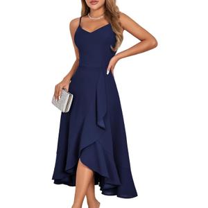 DRESSTELLS Women's Cocktail Party Dress, Formal Wedding Guest High Low Dress, Fit Flare Holiday Prom Dress (Navy), S