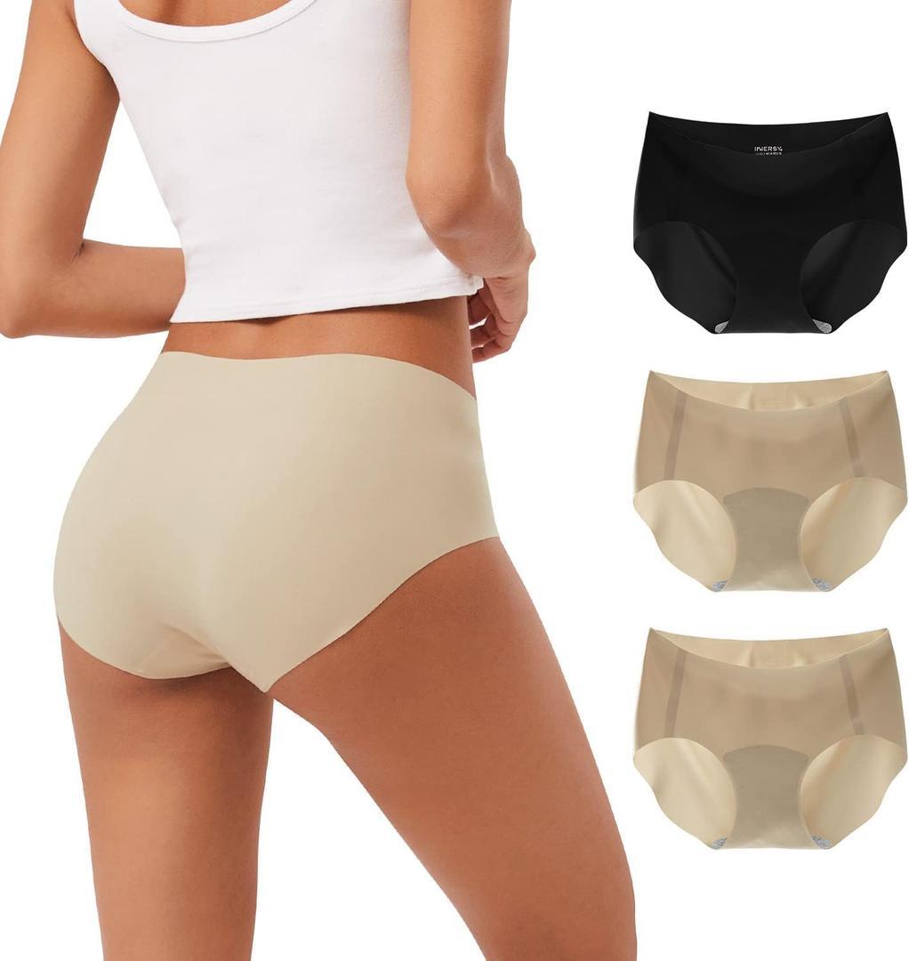 INNERSY Women's Seamless No Show Hipster Panties Invisible Light Underwear 3-Pack (Large, Black/Nude)