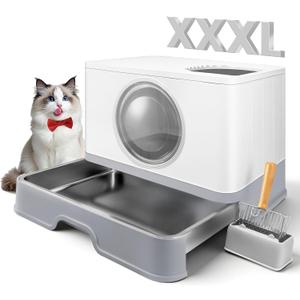 XXXL Stainless Steel Litter Box with Lid, Front Entry Top Exit, Extra Large Metal Cat Litter Box with Drawer, Maine Coon Cats, with Litter Scoop & Litter Mat, Anti-Odor, Anti-Leakage & Non-Stick (Grey)