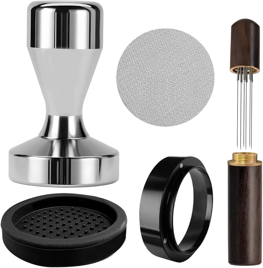 51mm Tamper Espresso Accessories Kit, Coffee Espresso Tamper Set with Wdt Tool, Espresso Tamper Mat, Espresso Dosing Funnel, 51mm Espresso Puck Screen, Coffee Tamper Espresso Barista Tools (Silver)