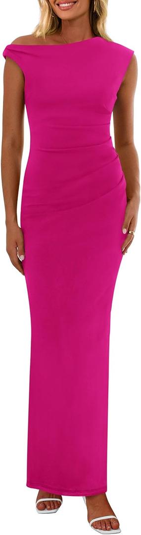 PRETTYGARDEN Women's 2026 Summer Formal Maxi Dresses Sleeveless One Shoulder Bodycon Ruched Mesh Wedding Guest Cocktail Dress (Pink, XL)