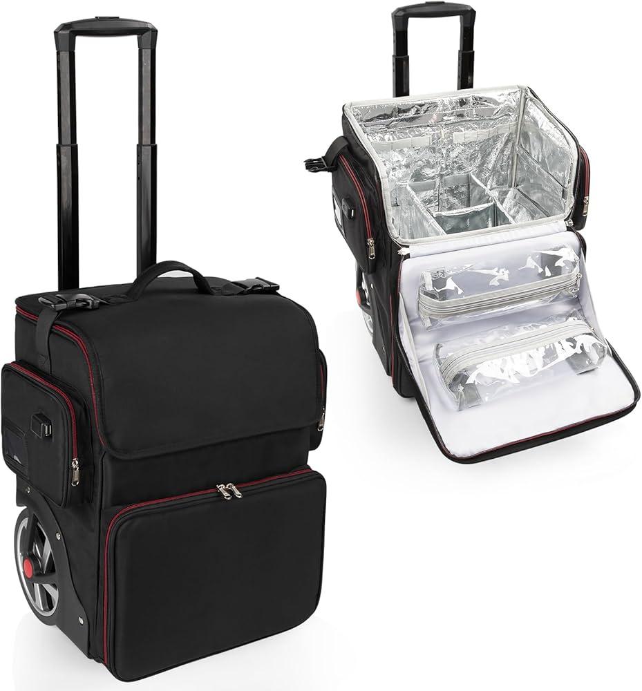 Large Makeup Train Case with Makeup Travel Bag and 4 Clear Makeup Bags for Hairstylist, Hairdresser Bag with Detachable Pouch,Heat Insulation Anti-scalding for Hairdressing Organizer Big wheels