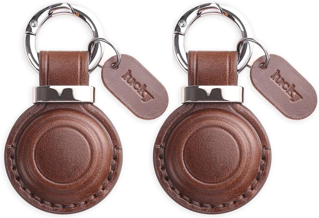 Jayanes Genuine Leather Keychain Holder Compatible with AirTag - Secure Case Cover Key Ring Chain Fob Accessories Intended for Air Tag - Dark Brown (2 Pack)