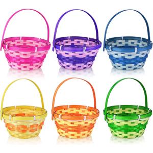 6Pcs Easter Bamboo Baskets with Handles, 6 Colors Small Round Woven Easter Baskets for Kids Egg Hunt Picnic Party Supplies Decorations