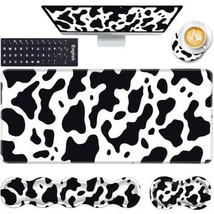 Keyboard Wrist Rest and Mouse Pad with Wrist Support Set Ergonomic Coaster, Memory Foam, Easy Typing Pain Relief, Large XL Desk Mat 31.5"x 11.8",Cute Cow Print